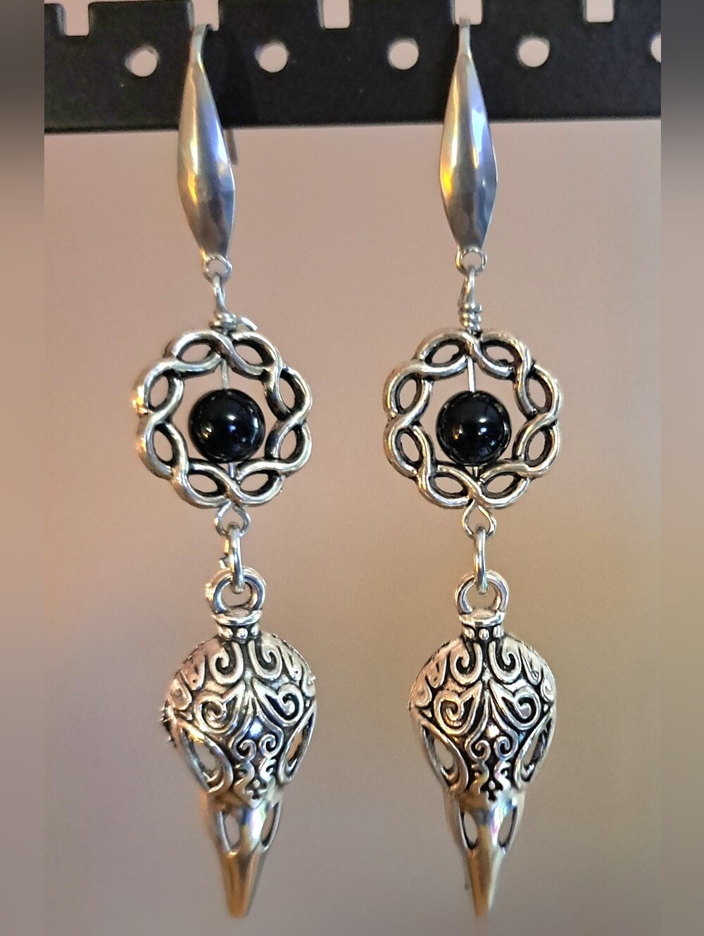 Antique Silvertone & Onyx Beaded Bird Skull Earrings, 316 Stainless Steel Hooks